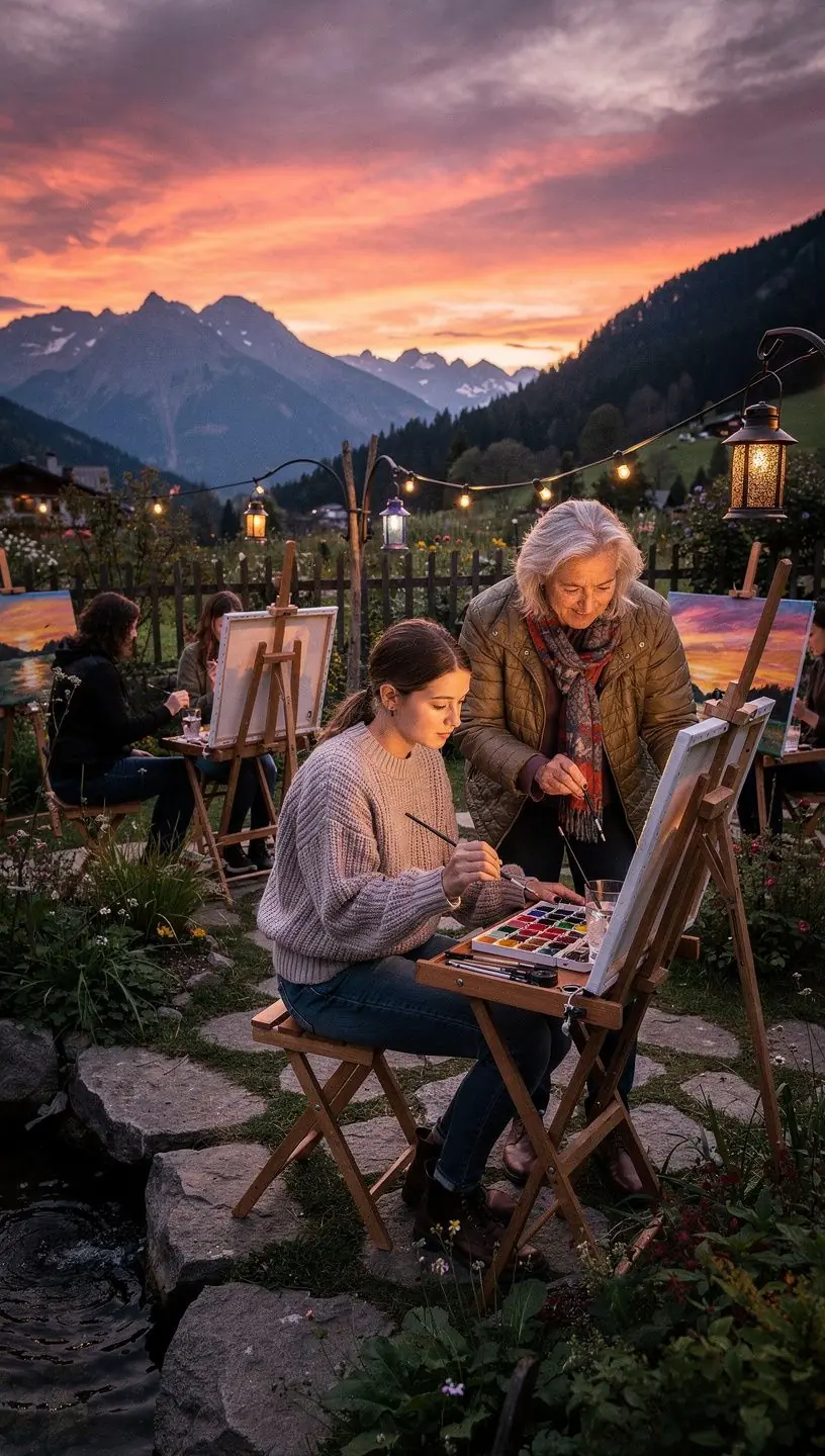 Eine Palette mit verschiedenen Acrylfarben und Pinseln.