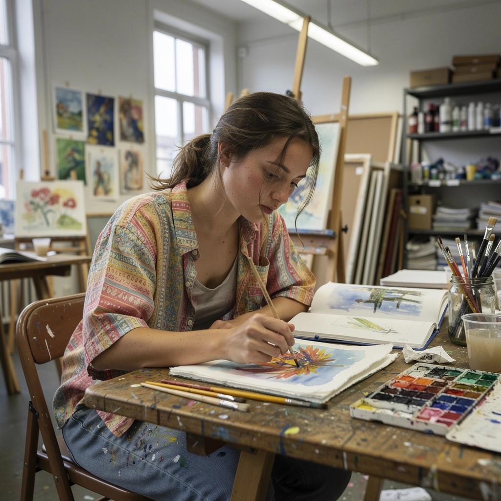 Ein Maler, der mit Aquarellfarben in einem Skizzenbuch arbeitet und seine Fortschritte dokumentiert.