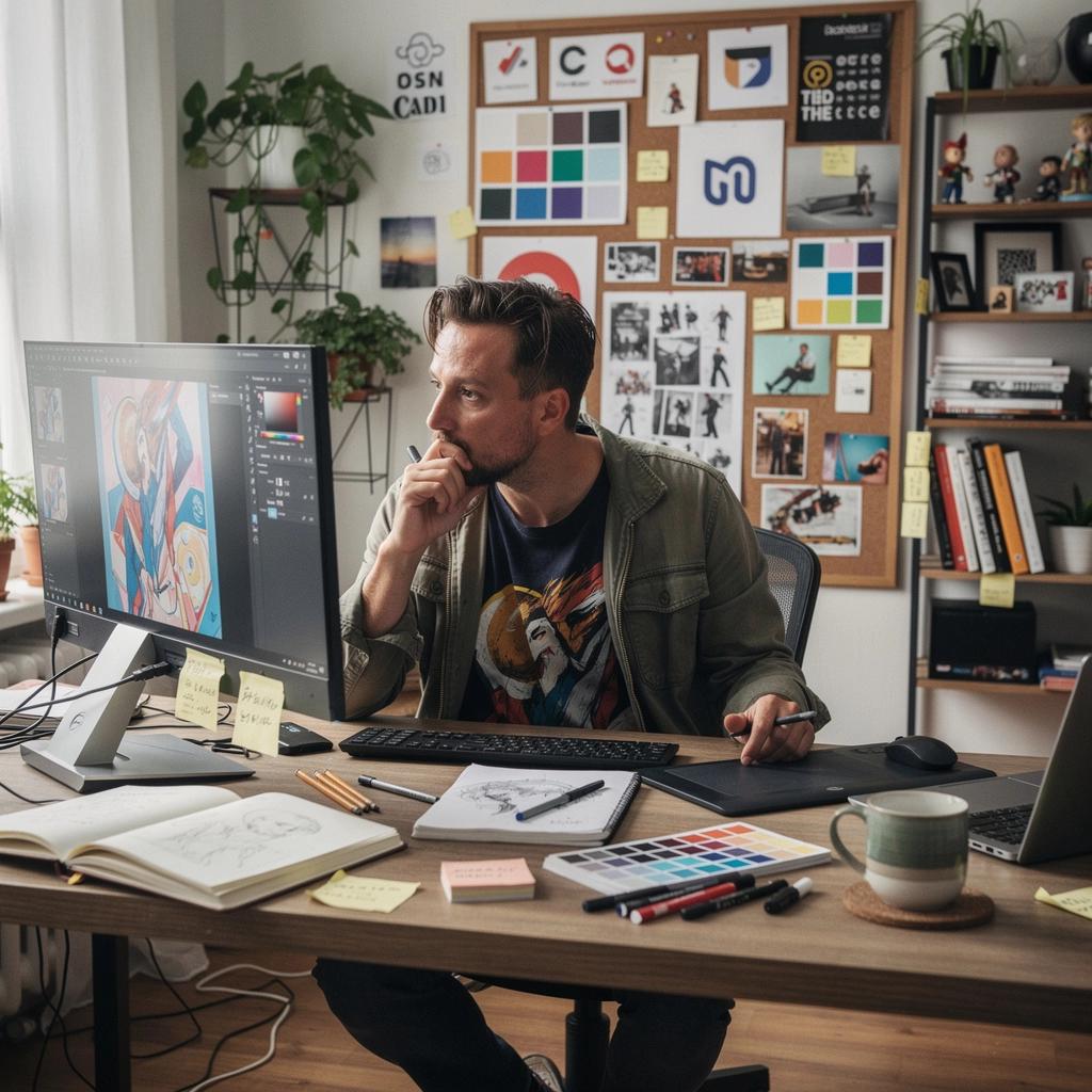 Ein Arbeitsbereich mit verschiedenen Malutensilien, darunter Pinsel, Farben und Leinwände für den Kunstunterricht.